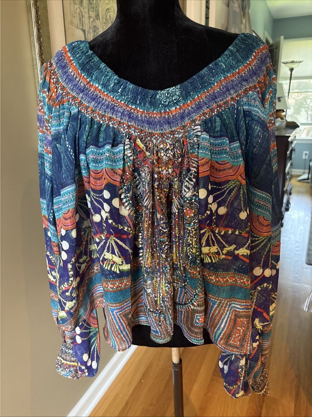 CAMILLA off shoulder or Silk Blouse crystals blue red open sleeve Shirred Cuff L